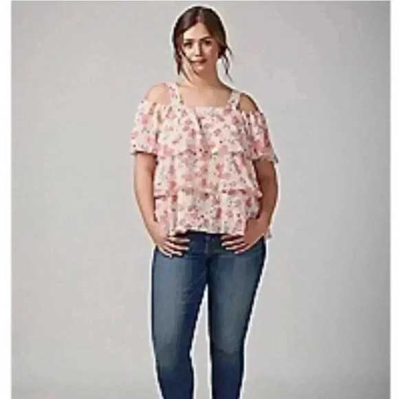 Lane Bryant Floral Cold Shoulder Ruffle Tiered Pink Flirty Feminine Blouse Sz 20 - Picture 1 of 8